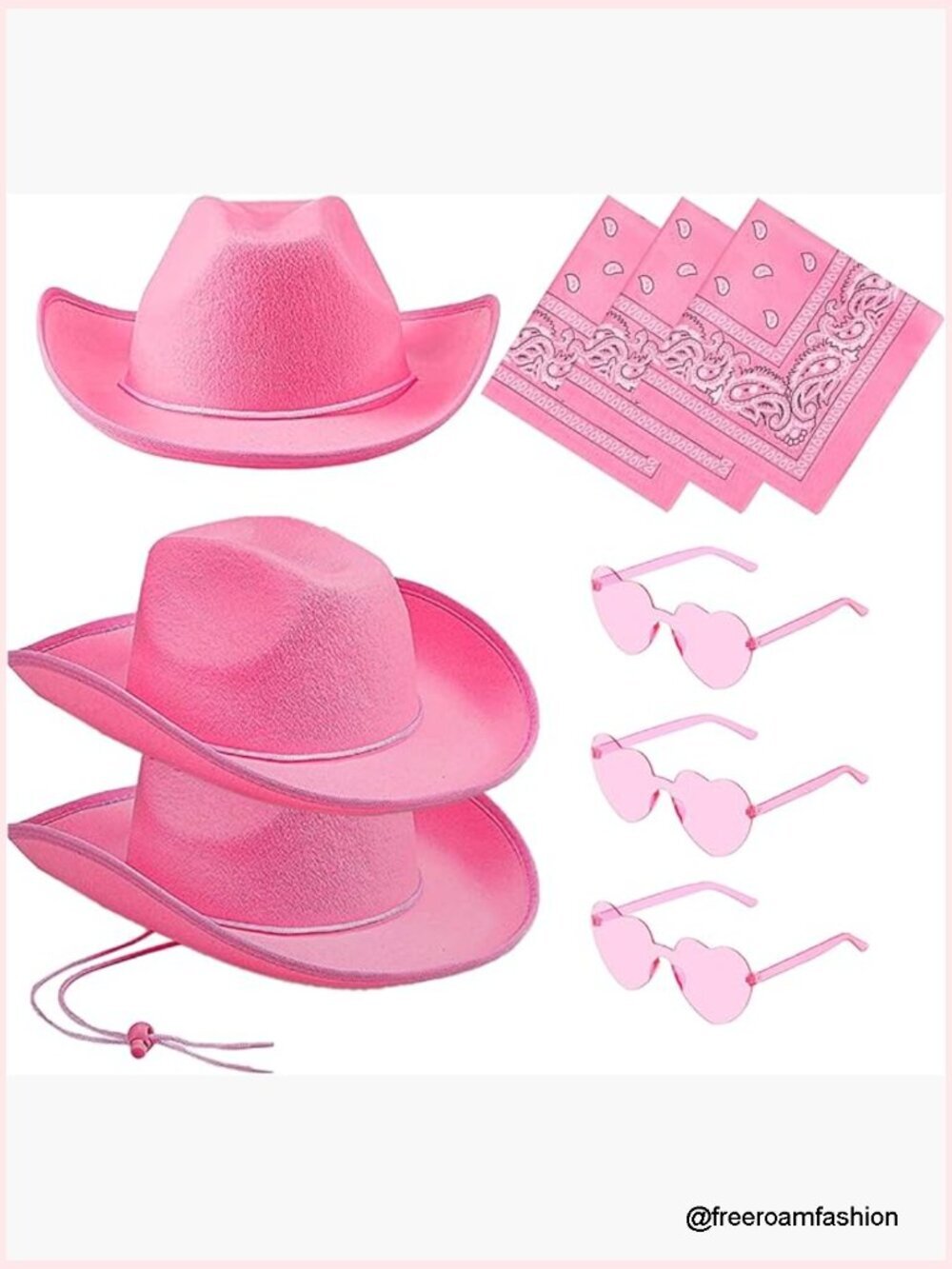 3x Pink Cowgirl Hats with Bandanas & Heart Sunglasses, Adult Felt Hat Set